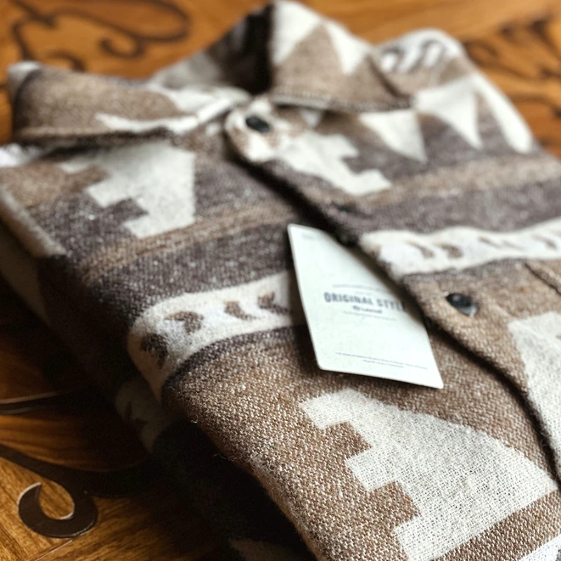 

Japanese Vintage Heavyweight Wool Shirt Men Ethnic Tribal Print Long Sleeve Warm Casual Winter Autumn Retro Unisex Outerwear