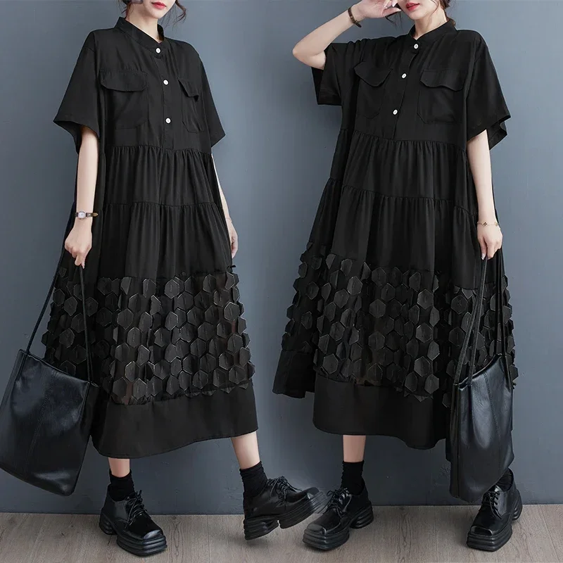 Patchwork Honeycomb Black Half Buttoned Tiered Loose Casual Women Midi Shirt Dresses Stand Collor Spring Autumn