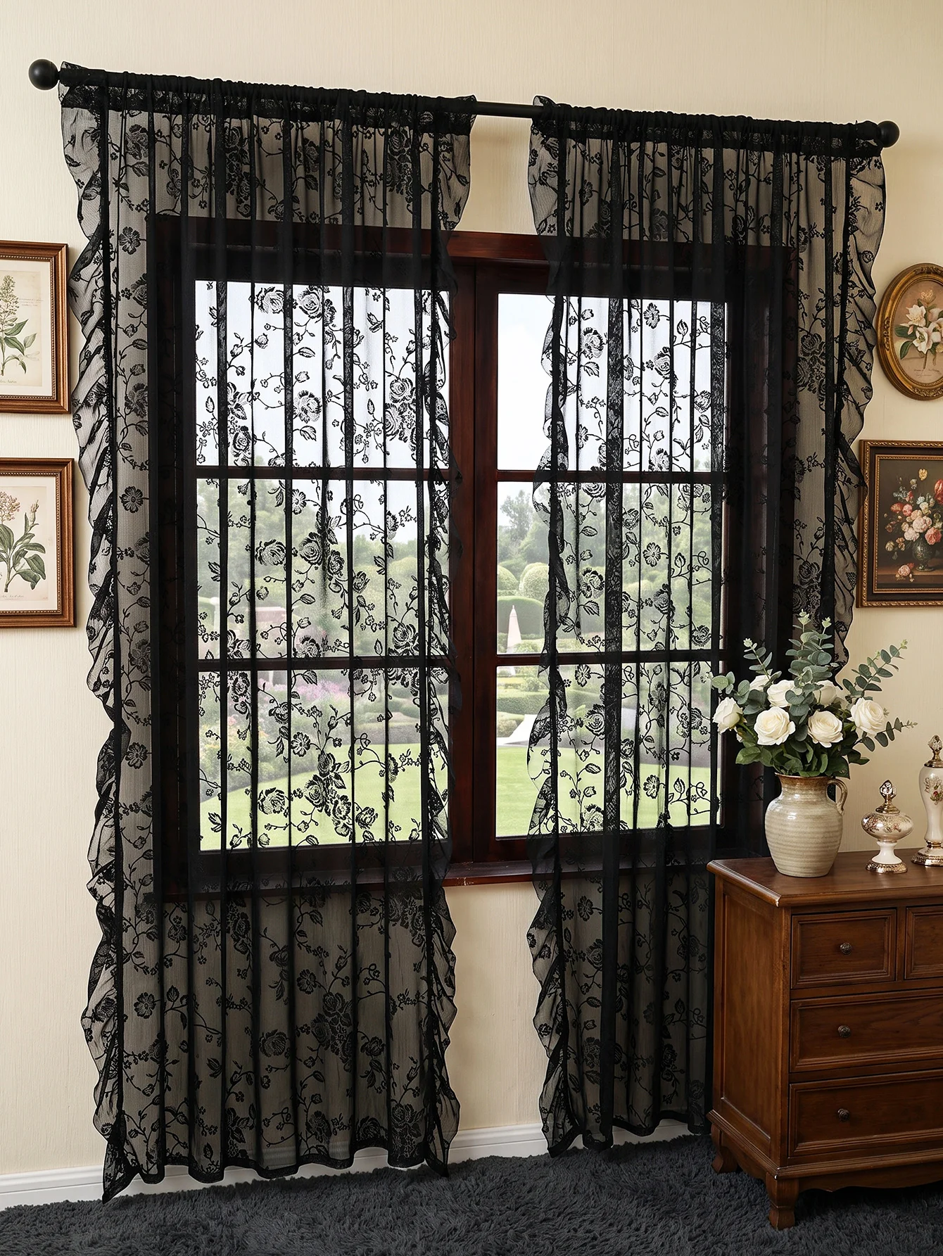 French Ruffle Black Rose Lace Sheer Curtains, Vintage Gothic Light Filtering Window Tulle Drapes for Bedroom