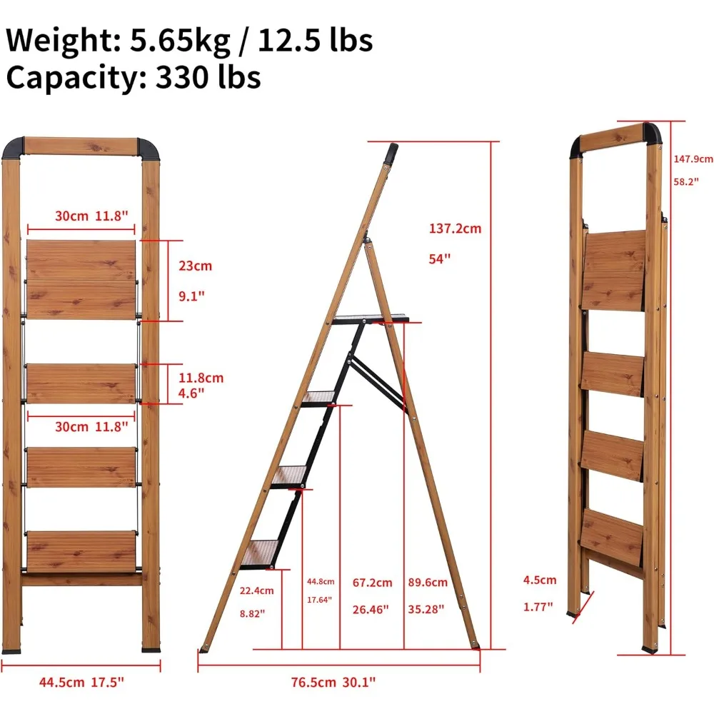 Tangga Lipat Aluminium 4 Langkah dengan Finishing Kayu, Pedal Lebar, Anti-Selip, Portabel, Kokoh untuk Rumah & Dapur Kantor.