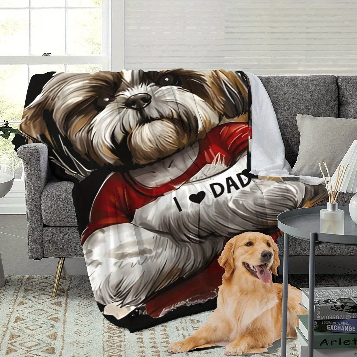 Red shirt with Teddy dog pattern Flannel printed blanket suitable for all seasons suitable for living room office sofa travel