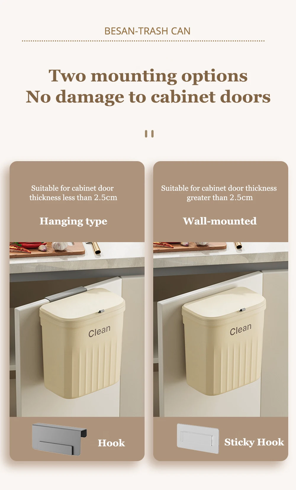 8.5/12L Hanging Trash Can For Kitchen Cabinet Door Wall Mounted Recycling Garbage Basket with Lid Bathroom Kitchen Accessories