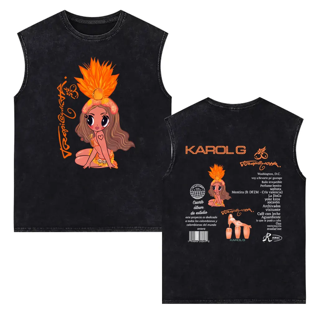 

Singer Karol G Tropicoqueta Music Album 2025 Vintage Washed Tank Tops Men's Women Fashion Oversized Sleeveless Vest Streetwear