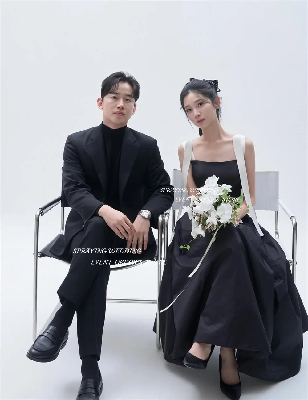 SPRAYING Elegant Taffeta Black Evening Dresses Korea Wedding Photo Shoot O Neck Strap A line Long Party Dress Corset Customized