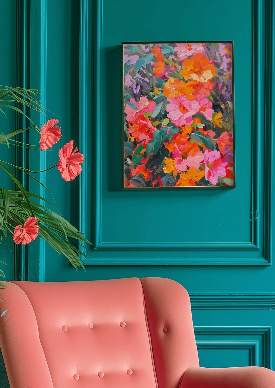 "Vibrant Floral Impasto Wall Print Decor - Bold Brushstroke Oil Painting of Pink & Orange Flowers, Modern Colorful Botanical Art image 6