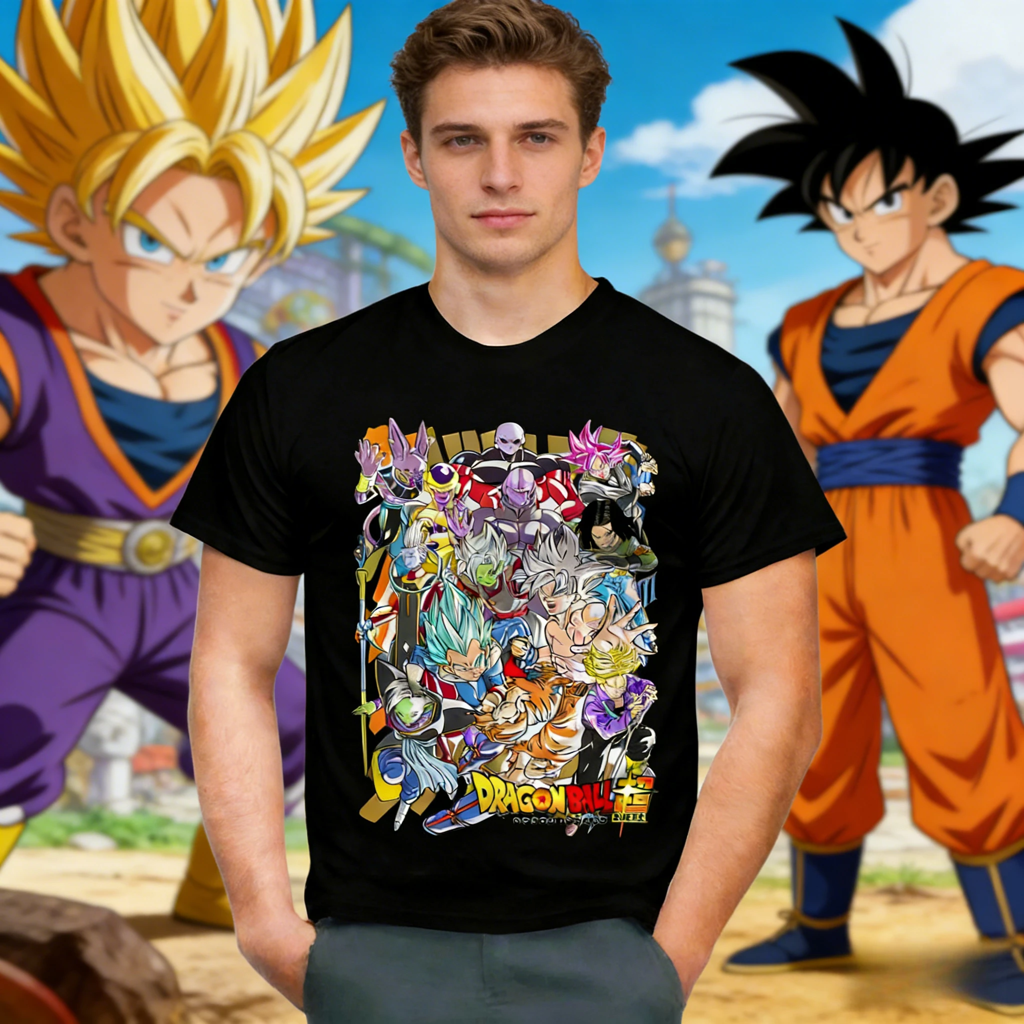 2026 Sommer Dragon Ball Alle Charaktere Collage Vintage Anime T-Shirt Herren Reine Baumwolle Lässiges Lockeres Sport-Alltags-Oberteil Y2K-Stil