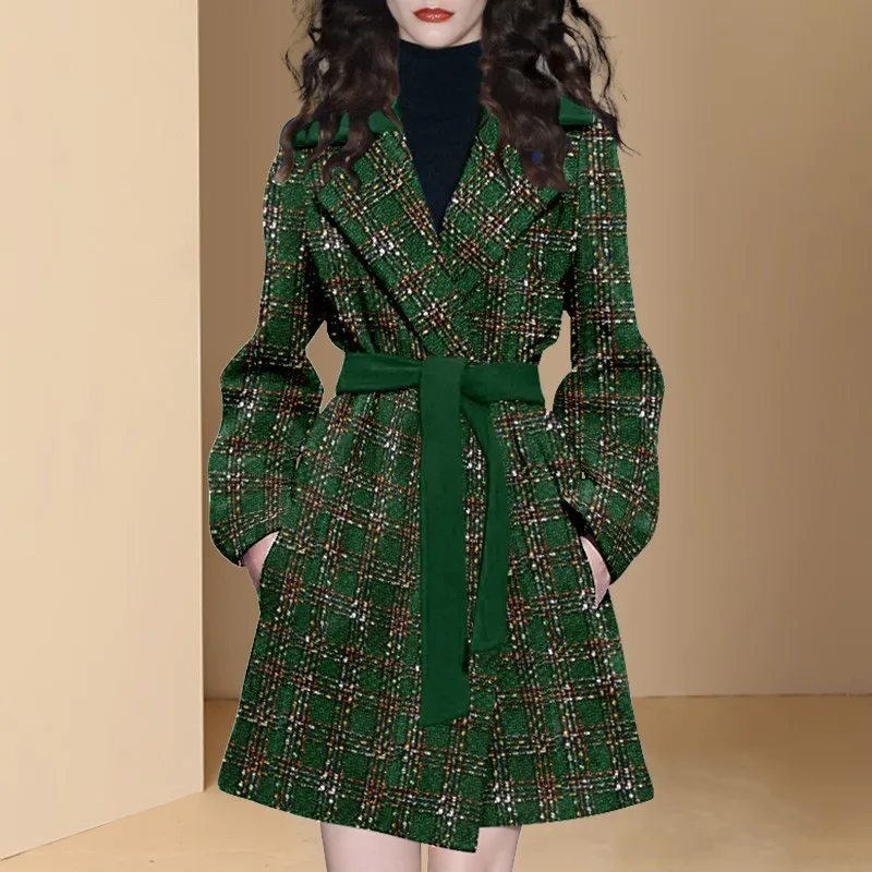 

Tweed Jacket Women Overcoat Autumn/Winter New Double-Sided Cashmere Coat Female Wool Outwearn Belt Waist Plaid Wool Windbreaker