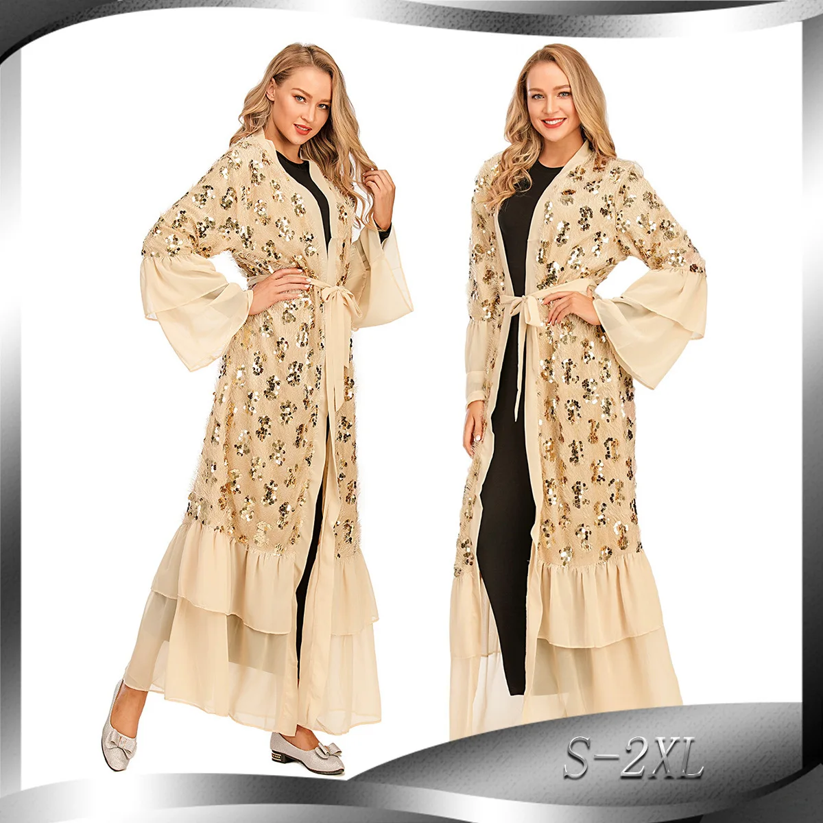 

Fashionable New Sequin Chiffon Stitched Horn Sleeve Muslim Cardigan Robe 17370 Robe Abaya Ramadan Dubai Luxury Islam Elegant
