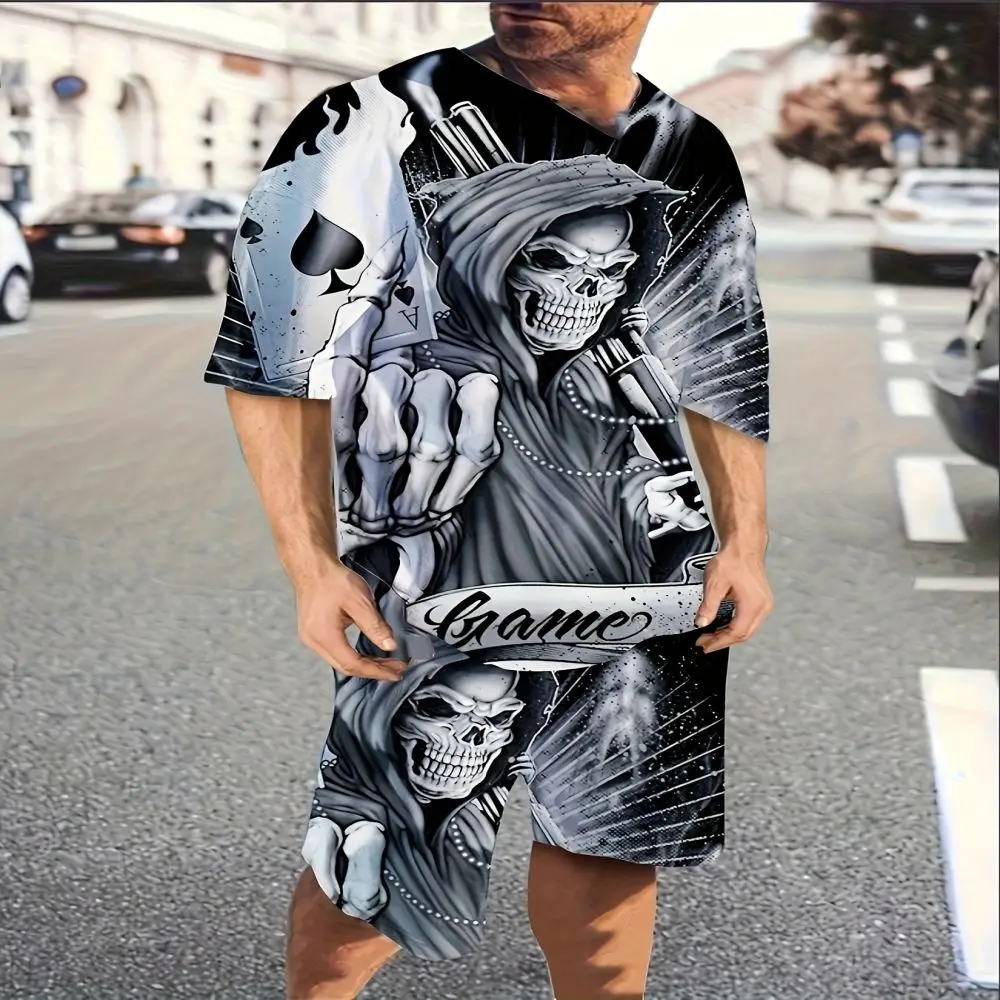 Retro new 3D horror skull print men's sports short-sleeved T-shirt + sports shorts summer casual jogging pants set two-piece set