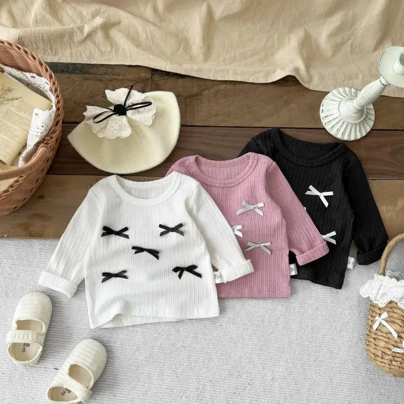 

MiniAinis Autumn New Girl Cute Bow Long Sleeve Bottoming Shirts Baby Cotton Infant Toddler Princess Versatile Tops Girls Clothes