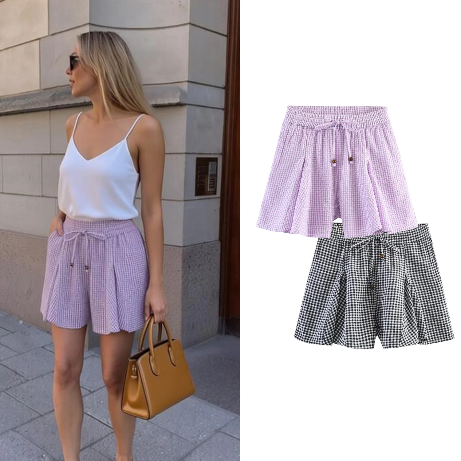 

Women's Chic Plaid Mini Shorts Summer Female Fashion Casual Skirt Shorts With Pockets Lady Elegant Elastic Waist Wide Leg Shorts