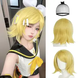 Kagamine Rin wig Women Short Blonde Yellow Wavy Wig Shoulder Length Blonde Wigs Short  Cosplay Halloween Theme Party Costume