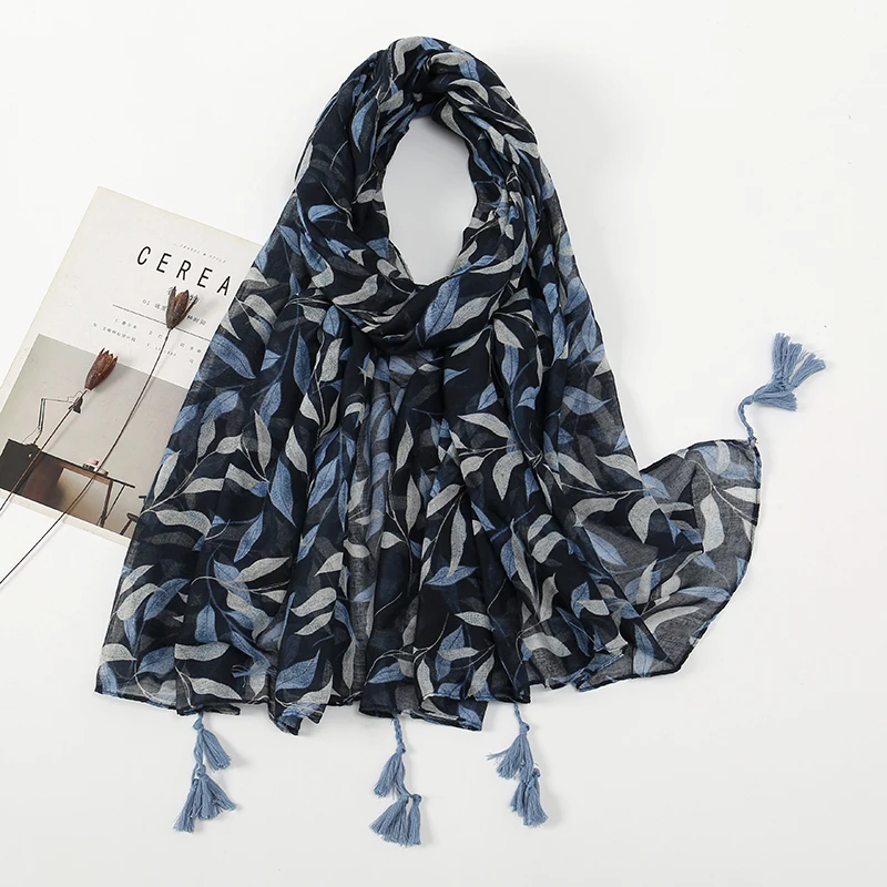 Temperament Tassel Scarf Shawl Wrap Women Cotton Viscose Stoles Leaf Print Nackerchief Thin Travel Head Scarf Pashmina