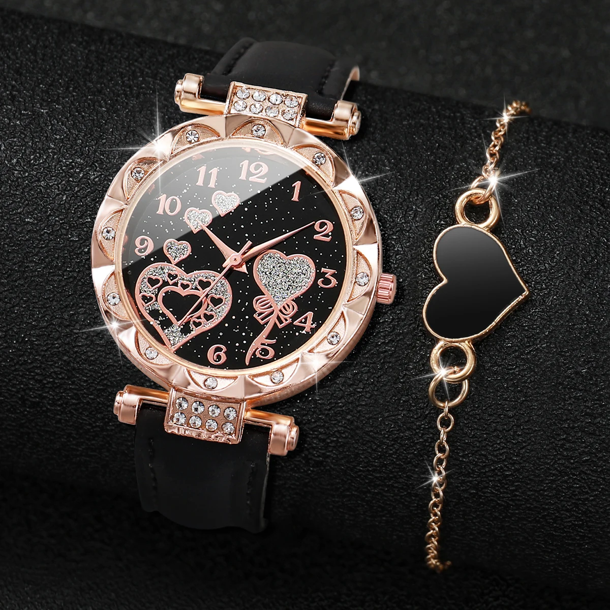 여성용 아날로그 쿼츠 시계 팔찌 세트, 라인석 가죽 밴드, 패션 시계, 박스 없음, 2PCs/세트