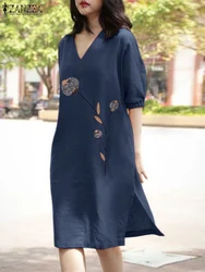 ZANZEA Summer Casual Floral Embroidery Dress Woman Short Sleeve V-Neck Dresses Femme Fashion Mid-Calf Length Robe Oversized 2023