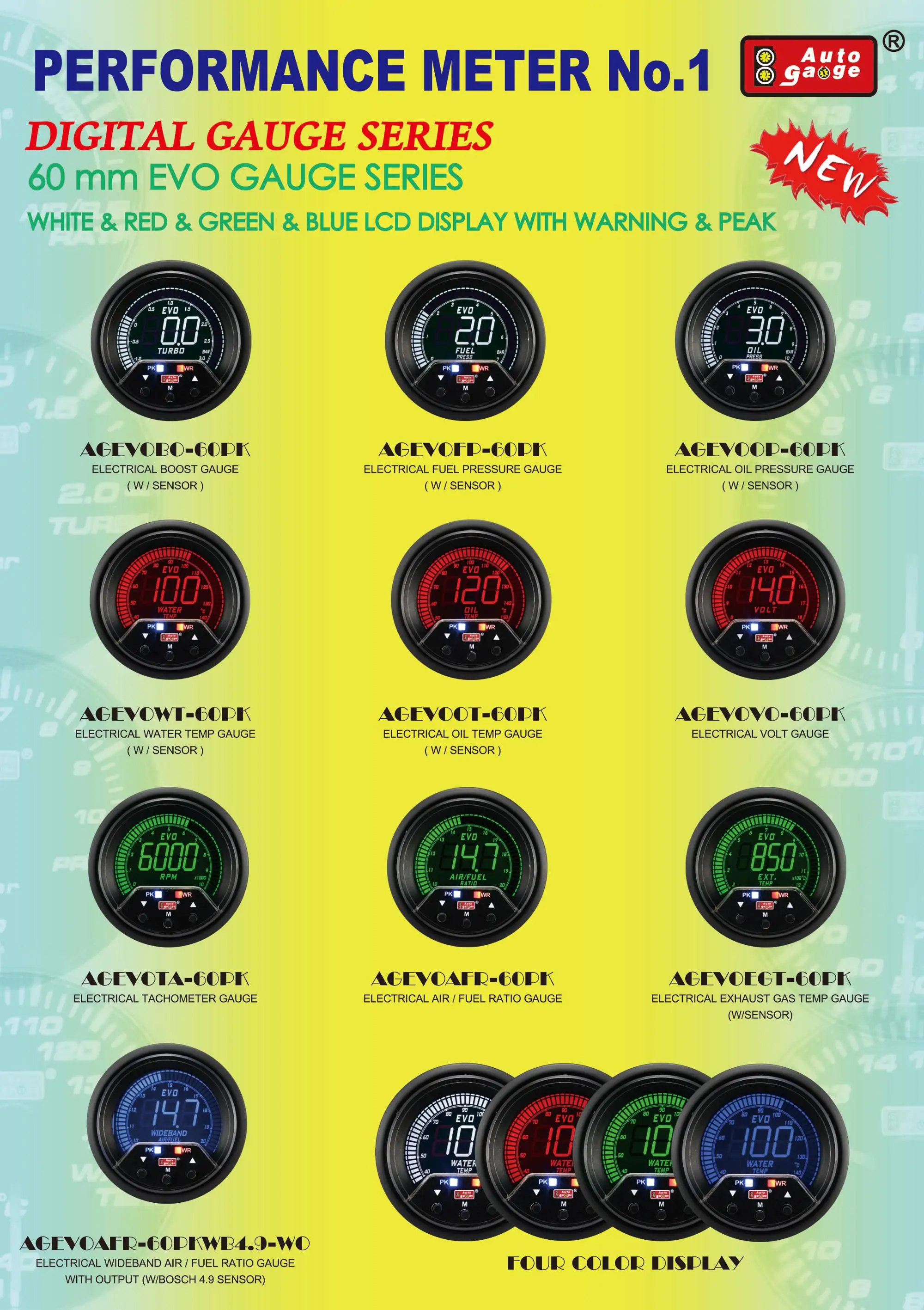 Medidor Automático de Relação Ar-Combustível Banda Larga, 52mm, 60mm