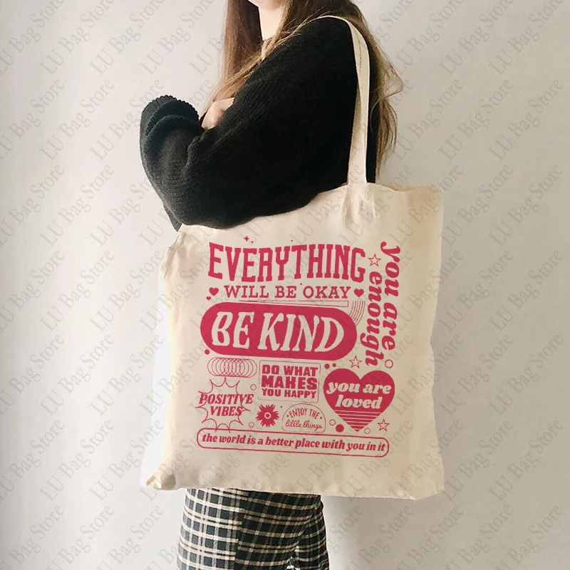 Everything Will Be Okay Mental Health Pattern Tote Bag  Canvas Shoulder Bag for Travel Daily Commute Women's Shopping Bags