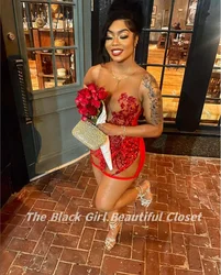 Fire Red Exquisite Graduation Gowns 2024 Sexy See Through Sequins Feather Decoration Homecoming Gowns Black Girls Party Dresses