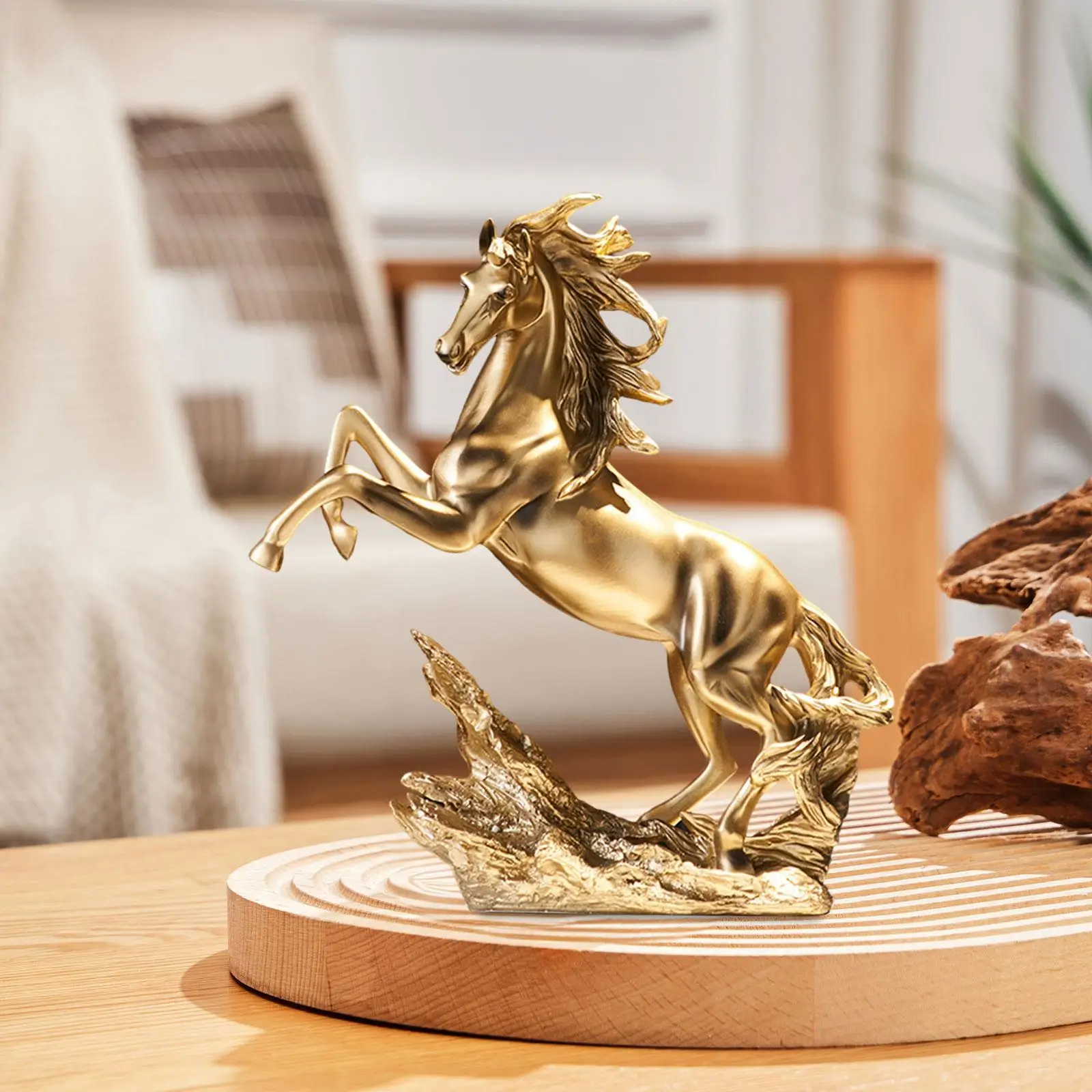 Standing Horse Statue Figurine Golden Color Height 38cm for Cabinet Decor