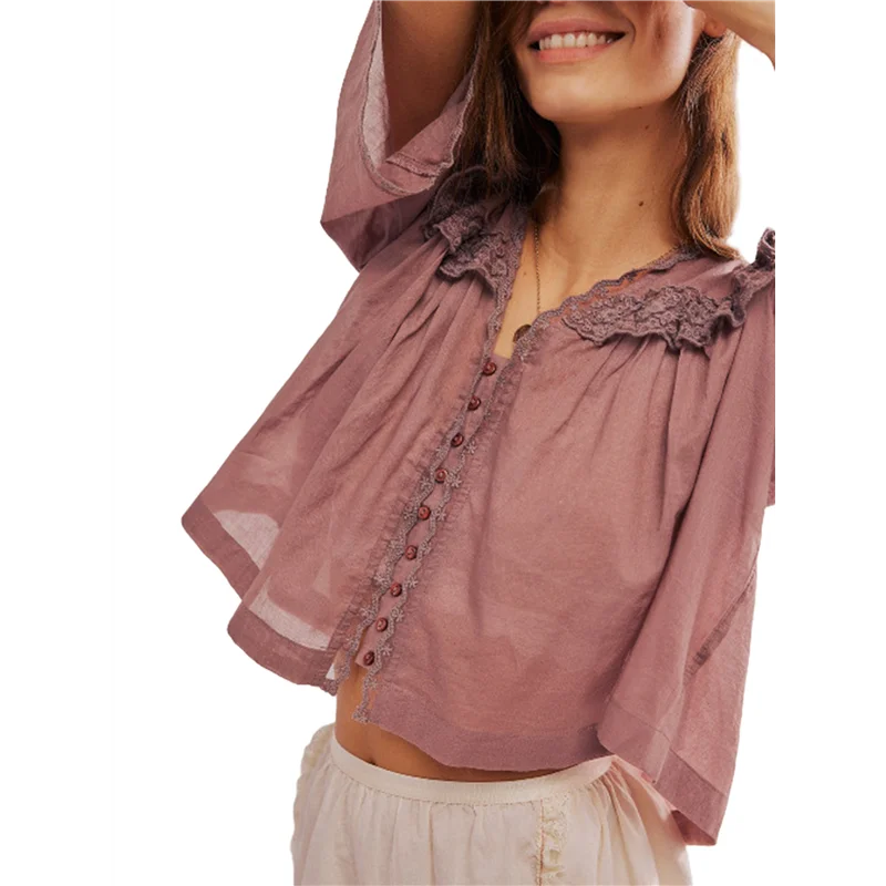 

A83F-Женская прозрачная рубашка с баской Y2K, топы с рюшами и кружевной отделкой на пуговицах, блузка Babydoll с короткими рукавами и воротником