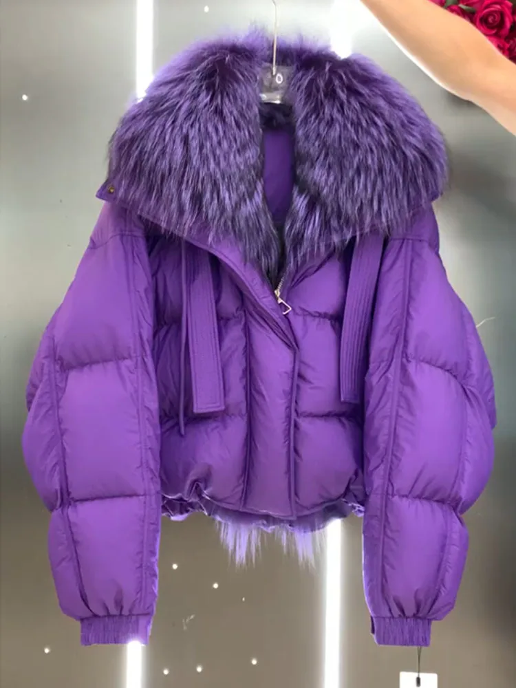 

ort Purple down Jaet Women's Winter New Sle Real Fur Collar 90% White Du down Korean Sle Thiened Coat