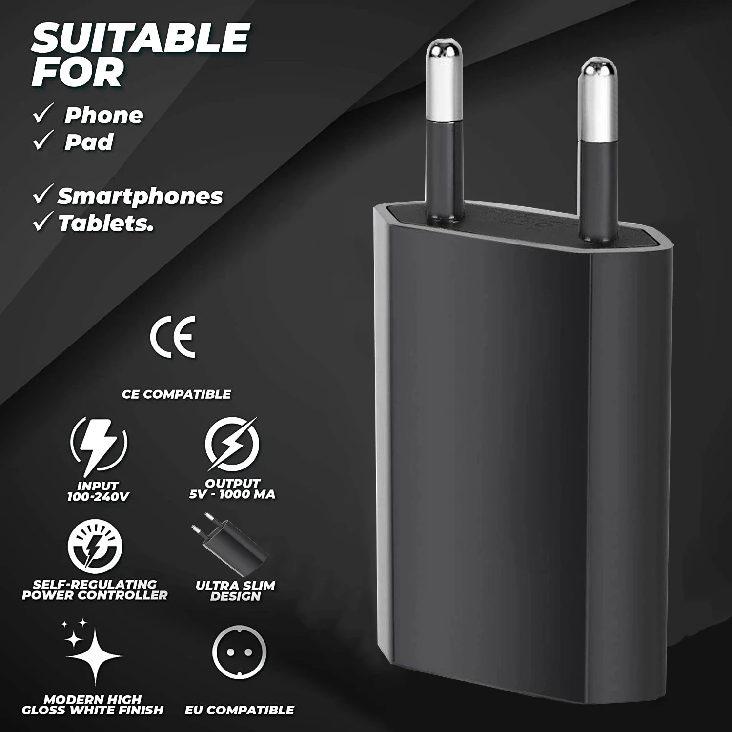 1-5Pcs Black Universal 5W EU Plug Travel USB Wall Charger 5V/1A Rapid Charging For iPhone 6S 7 8 Plus Redmi 9A Phone AC Adapter