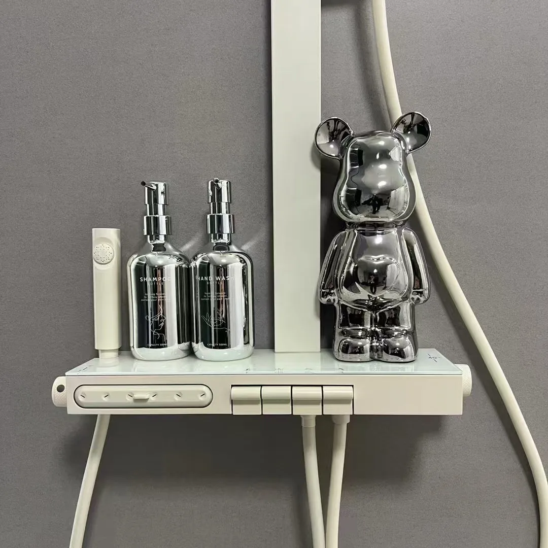 Home Use Thermostatic Shower Set Milky White Gunmetal Gray Digital Display Includes Pressure Boost Main Metal