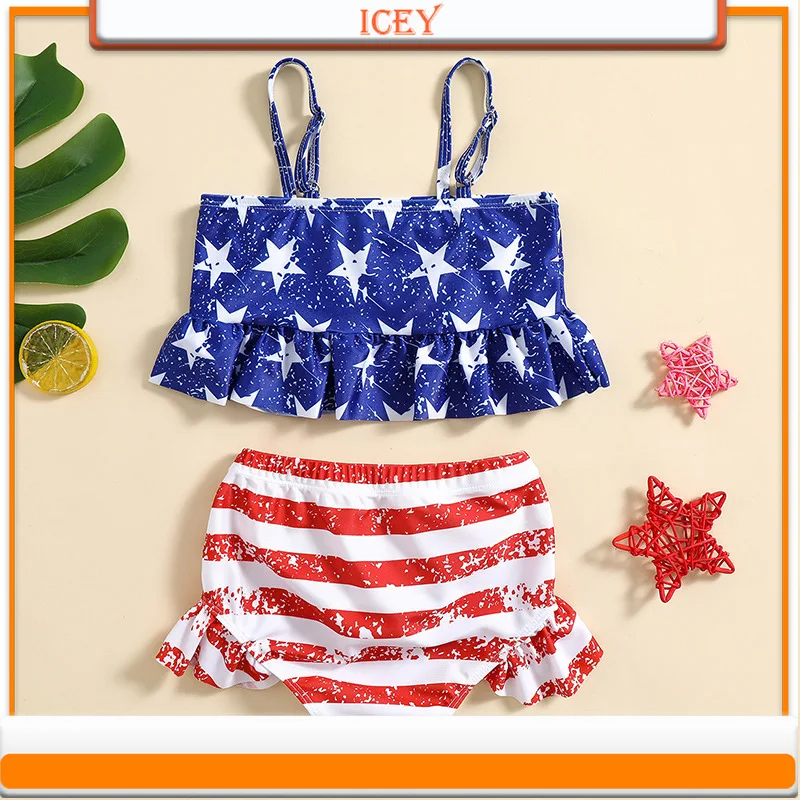 Blue Star Print Children's Swimsuit Festive Girls Swimming Split 2 Piece Swimsuit Hot Spring Beach Tour