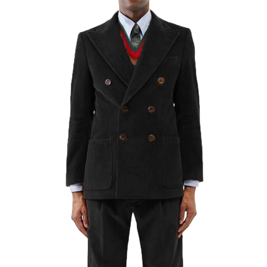 

Double Breasted Corduroy Men Suits Two Pieces Fashion Casual Style Male Suit Set Daily Business Jacket with Pants Custom Made