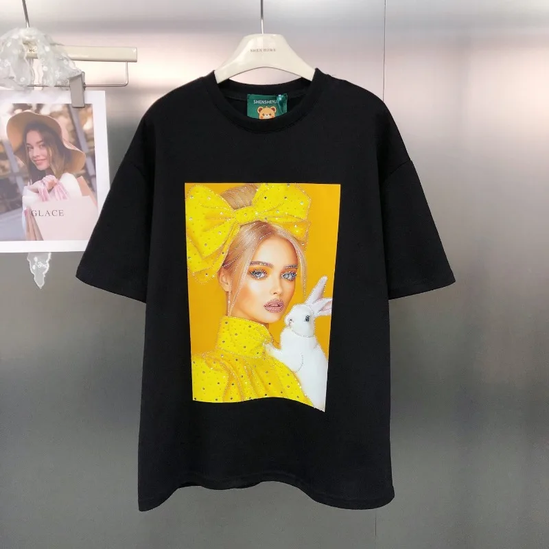 Estilo americano na moda original pesado-indústria diamante brocas personagem impressão t solto algodão de manga curta camisetas pulôver