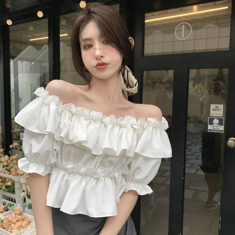 Korean Chic Sexy Off Shoulder Solid Short Tshirt Women\'s Slash Neck Elegant Layered Ruffles Cake Puffy Sleevs Tee Shirt Crop Top