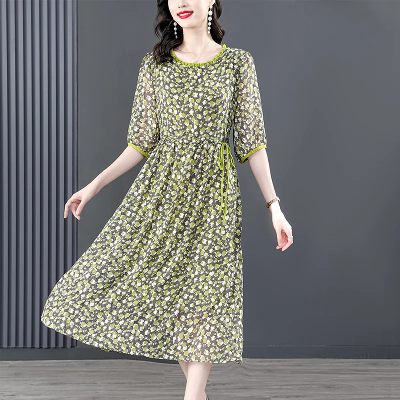 

Summer New Floral Print Silk Casual Midi Dress Women Elegant Loose Chic Pretty Dress Green Vintage Party Dresses