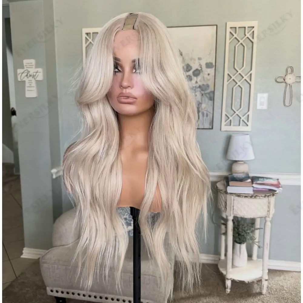 

28 Inches Long Slightly Wavy Platinum Blonde V part Wig High Quality Remy Peruvian Human Hair Glueless 1x4 U Part Wigs for Women