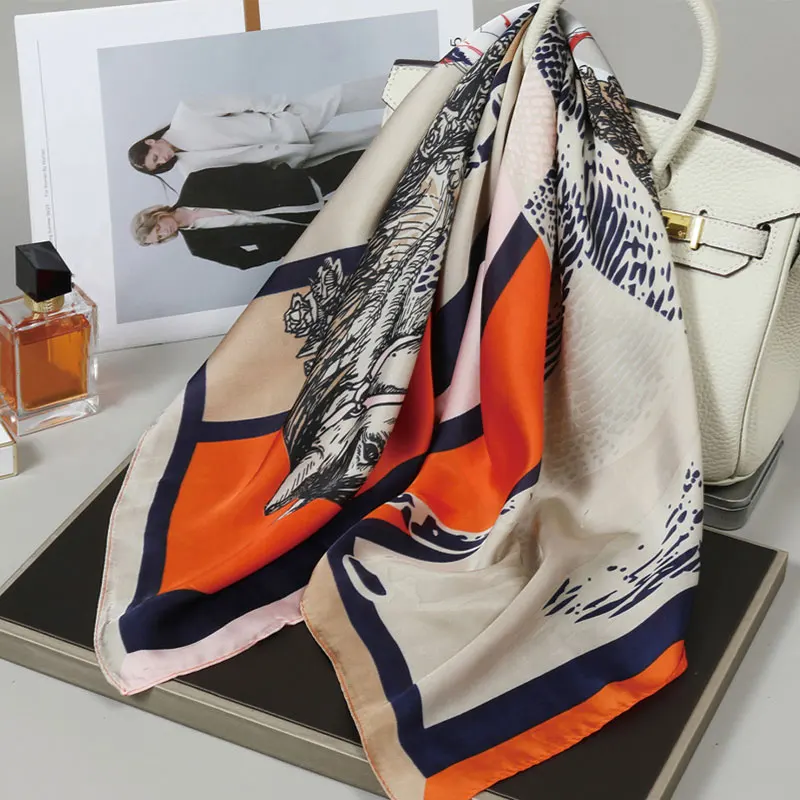 90 cm großer Seidenschal aus Kunstseide mit Pferdemuster, eleganter Damen-Seidenschal, modisches Seidenschal-Haarband