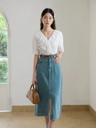 DUSHU High Waisted Retro Denim Skirt 2024 Summer New Washed Mid Length Skirt Commuting A-line Women Skirt 24DS82515