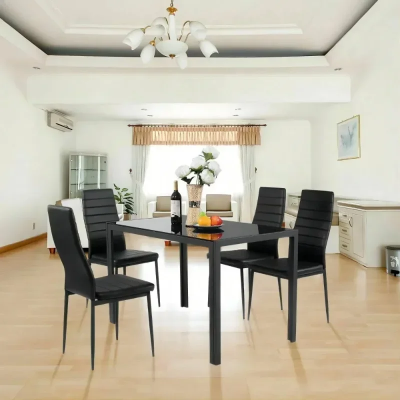 5 Pieces Dining Room Set Tempered Glass Dining Table with 4 Chairs, Black dining room chairs  table set furniture