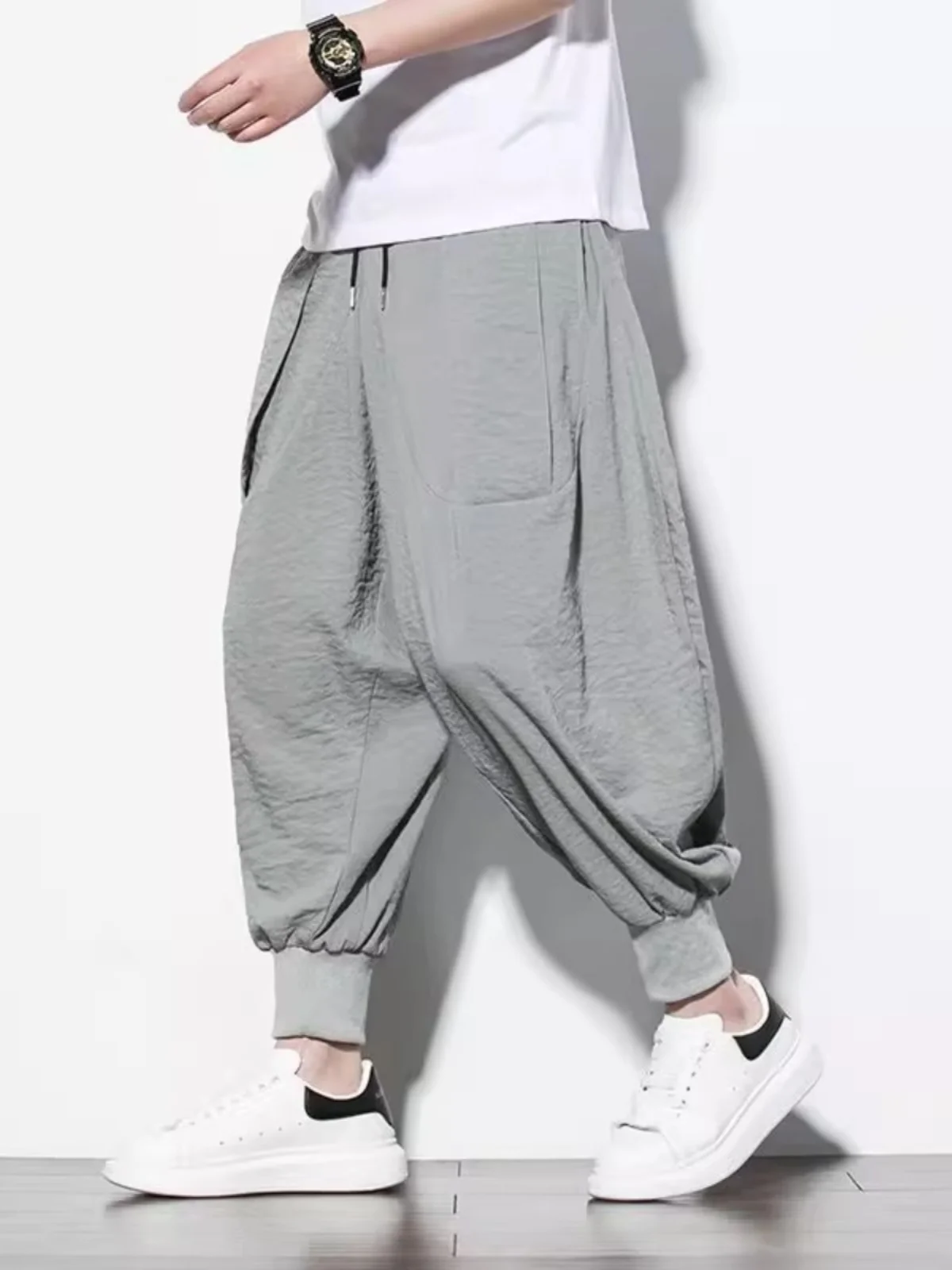 

Large Size Men's Casual Ice Silk Pants Spring Summer Sport Harlan Wide Leg Nine Points Loose Fit Trousers Youth Active Style