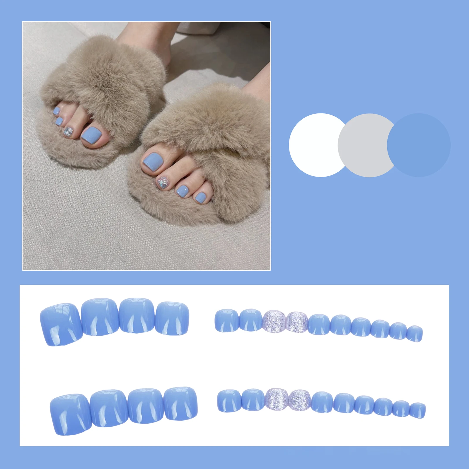 Blue Press on Toenails with Glitter Natural Unbreakable Nail Simple Wear for Shopping Traveling Dating