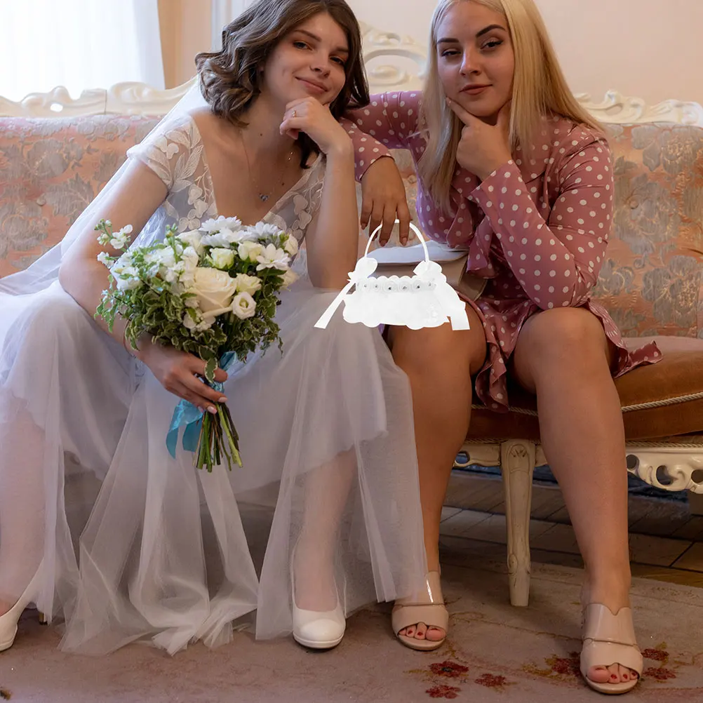 

Wedding Flower Basket Elegant White Small Pearls Flower Girl Pearls Basket Handheld Baskets for Party Decoration Storage