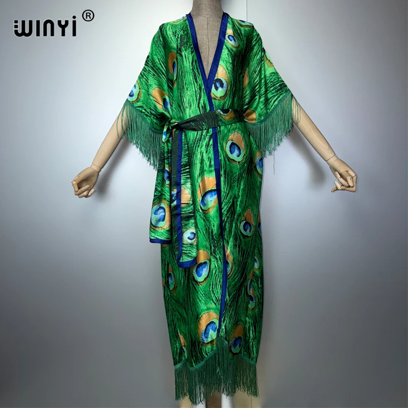 

Платье-кимоно WINYI в стиле бохо для мусульманок, летняя пляжная одежда, кардиган с бахромой, праздничный наряд, роскошный стиль Дубая