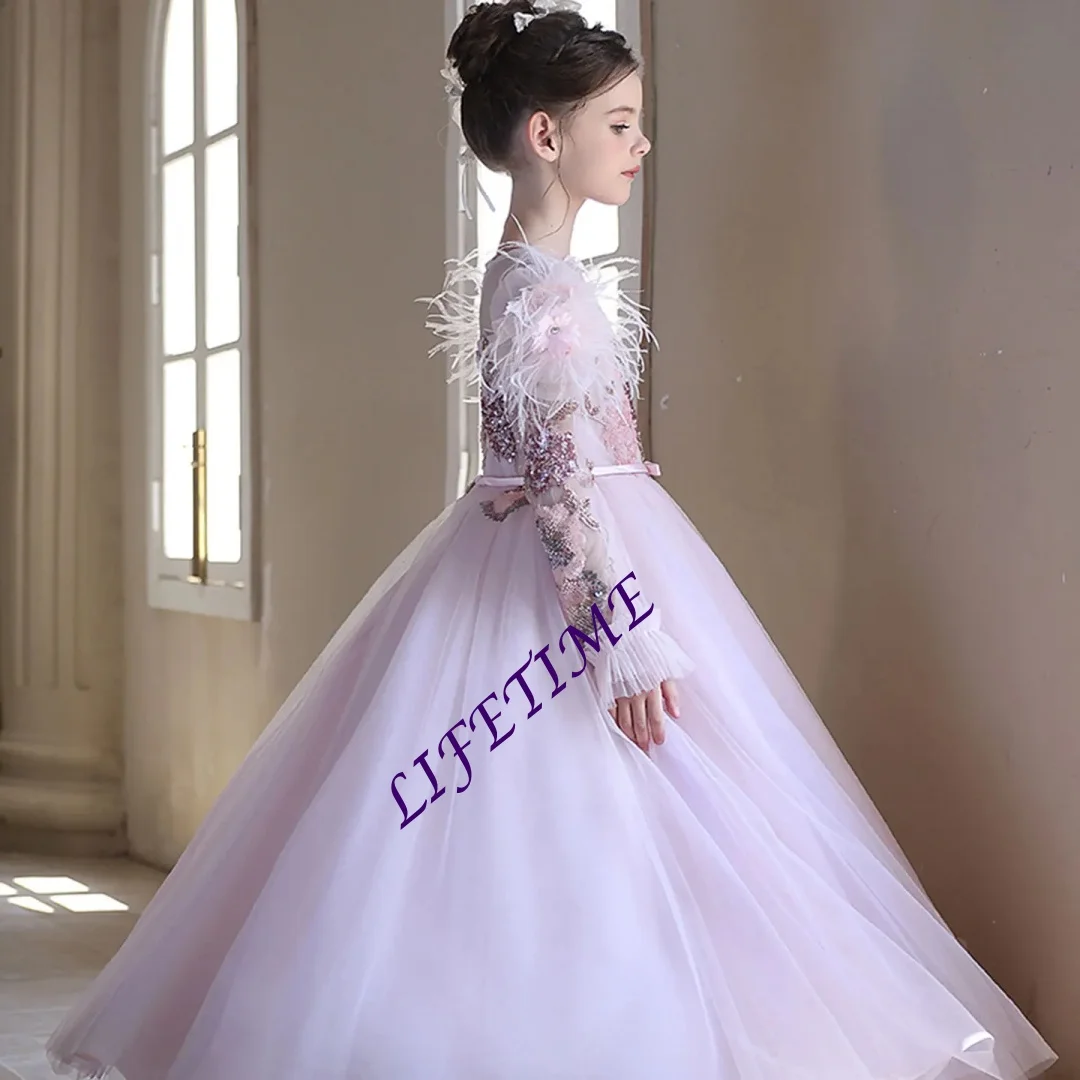 Sukienka dziewczęca z różową koronką arabską, zdobiona koralikami, z trenem typu court, w stylu księżniczki, idealna na ślub, urodziny, konkurs piękności, przyjęcie, bal wieczorowy.