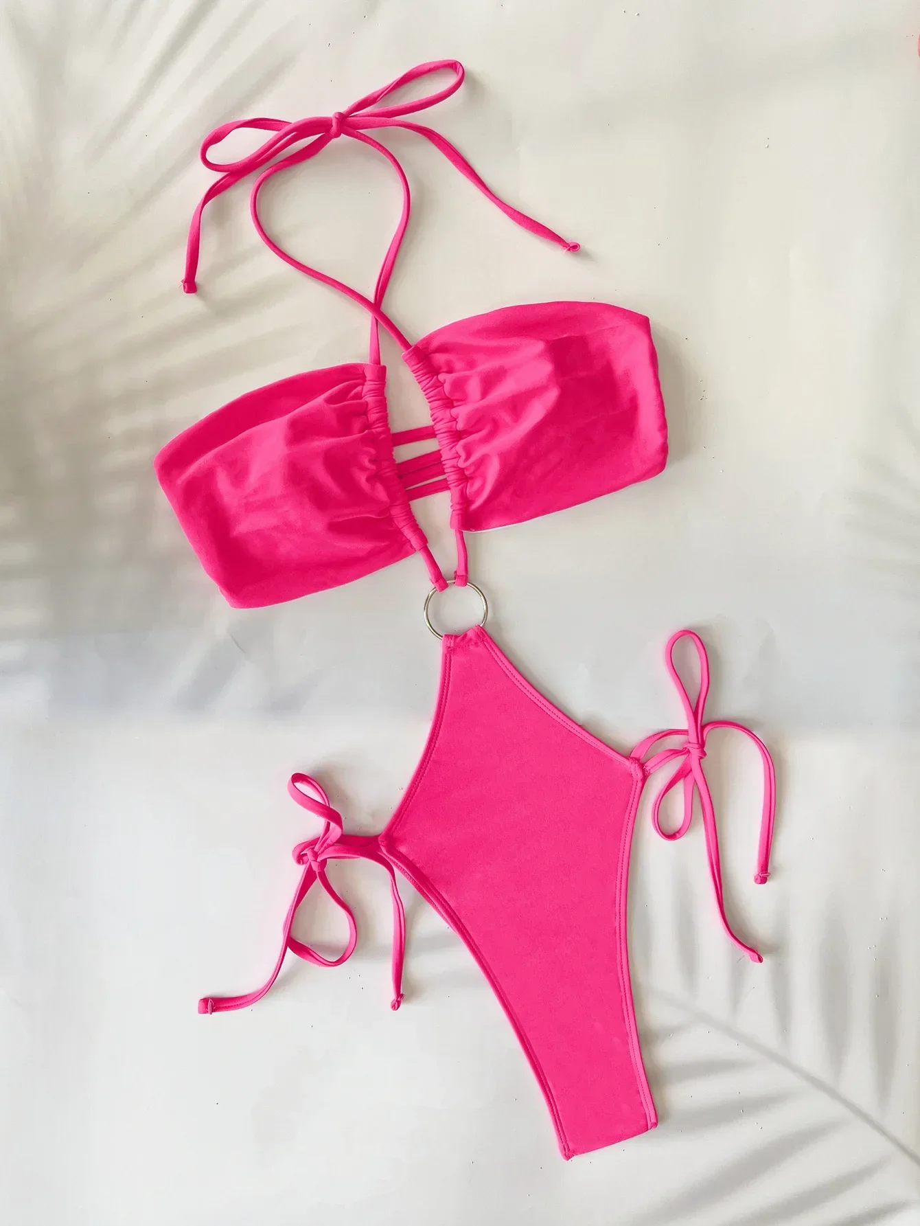 

2025 Rose Red One Piece Swimsuit Women's Sexy High Waist Hollow Out Bikini Monokini Halter Backless Beach Vacation Swimwear New