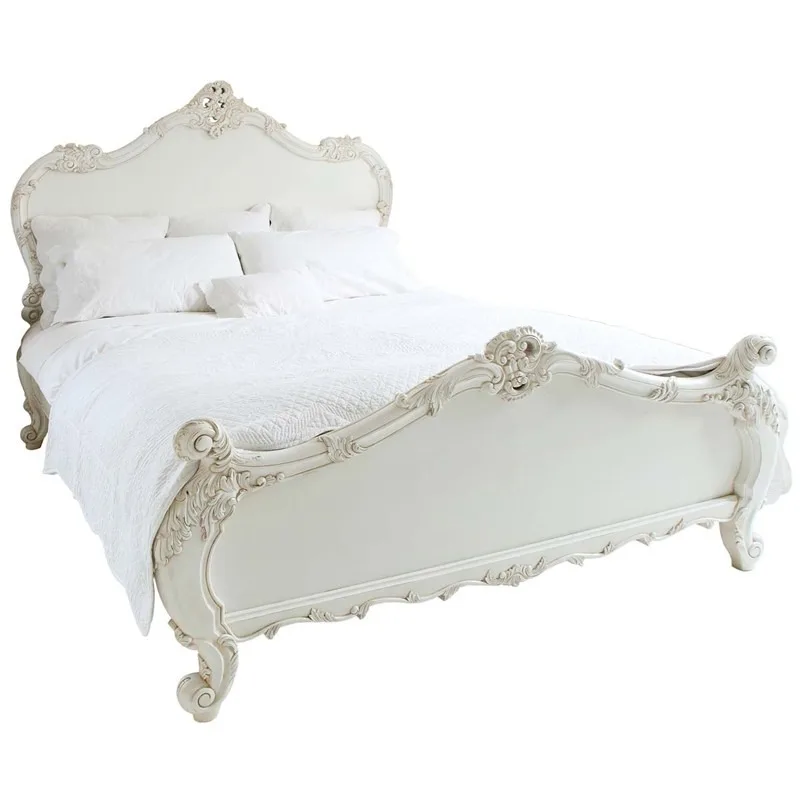 Französisches Massivholzbett im Retro-Stil, altweiß, europäischer Luxus, geschnitztes Hofbett, Hauptschlafzimmer, Doppelbett, Prinzessinnenbett, Hochzeitsbett, B&B