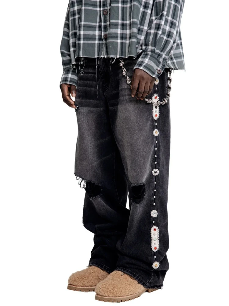 Calças de brim dos homens punk vintage streetwear preto perna larga denim calças strass pérola decoração rasgado angustiado solto ajuste y2k moda