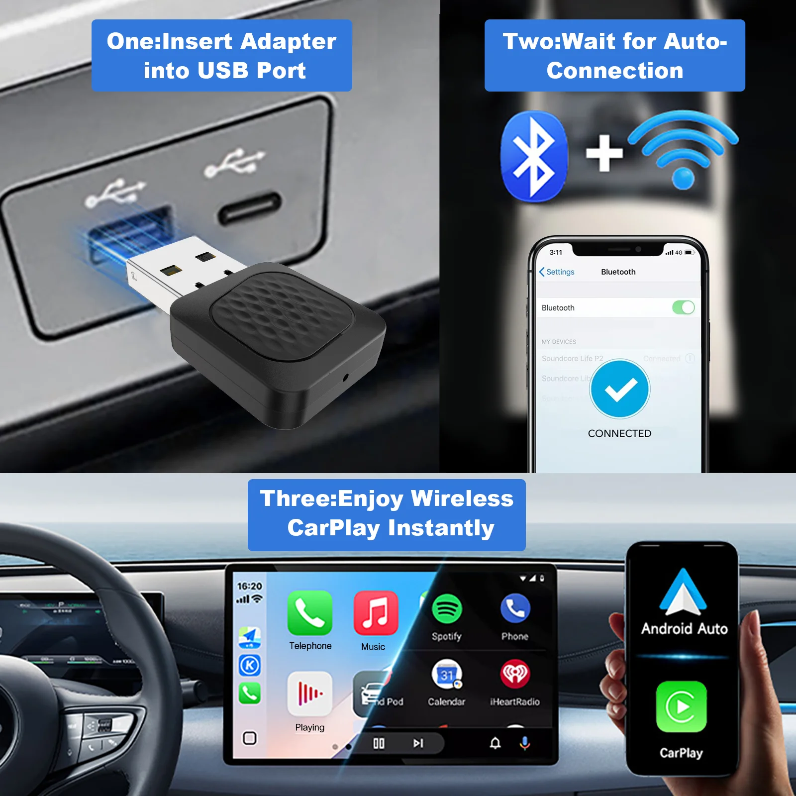 

Беспроводной адаптер CarPlay для автомобиля, USB-донгл Android Auto Box, Plug&Play, универсальный для Tesla Model Y Juniper 2025, Model 3 Highland