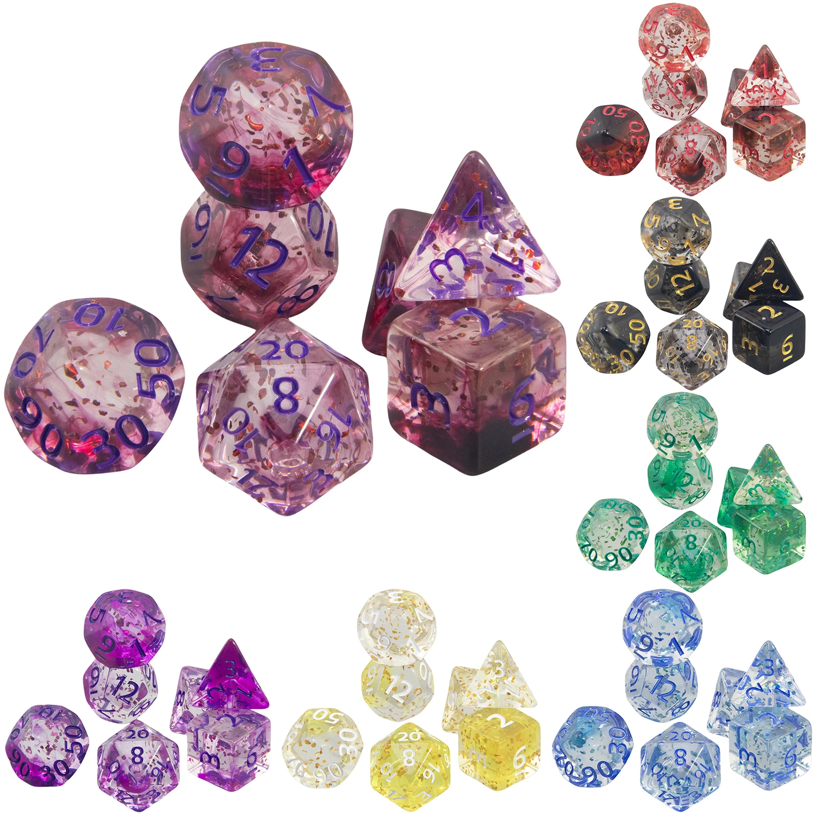 Jeu de dés polyédriques dés D & D transparents avec effet pailleté pour jeu de société jeux de rôle D4 D6 D8 D10 D00 D12 D20 dés