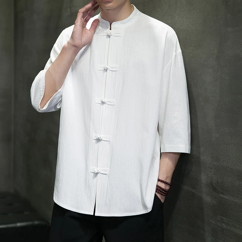 

Мужская летняя рубашка свободного кроя из тонкого хлопка и льна, в китайском стиле, на пуговицах, ретро, в стиле Тан, молодежная мода