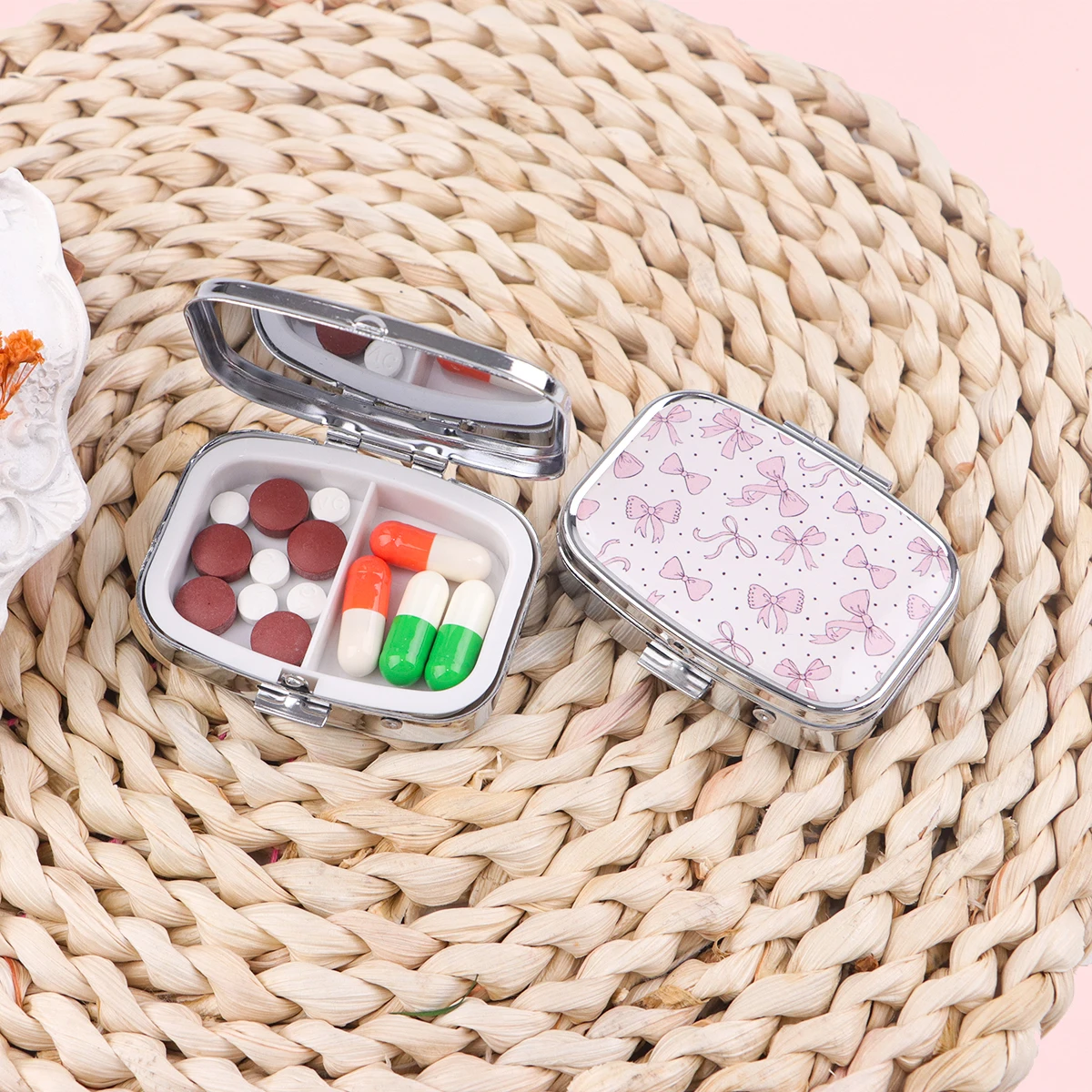 Pink Bow Mini Pill Box Travel Pill Box 2 Compartment Pocket Pill Container Daily Portable Medicine Storage Box
