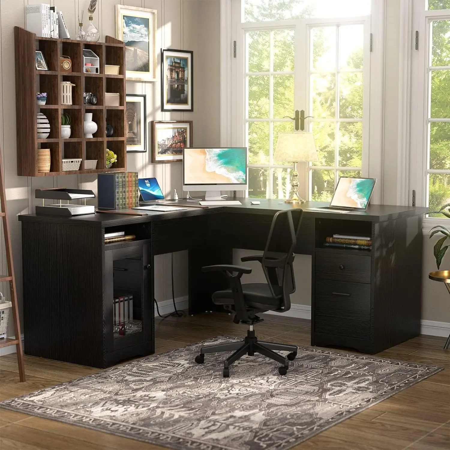 Unikito L Shaped Office Desk with Drawer Power Outlet & USB Charging Port, Large Corner Desk with File Cabinets