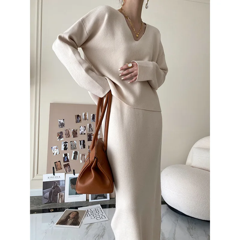 Elegant Knit 2 Piece Set Women Fall Winter 2022 New Korean V-neck Pullover Sweater Wool Knitted Skirt Female Warm Two-piece Suit